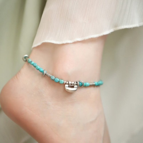 925 Sterling Silver Turquoise Small Beads Chinese Lock Strength Anklet 925 Sterling Silver Turquoise Small Beads Chinese Lock Strength Anklet