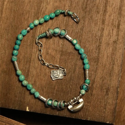 925 Sterling Silver Turquoise Small Beads Chinese Lock Strength Anklet 925 Sterling Silver Turquoise Small Beads Chinese Lock Strength Anklet