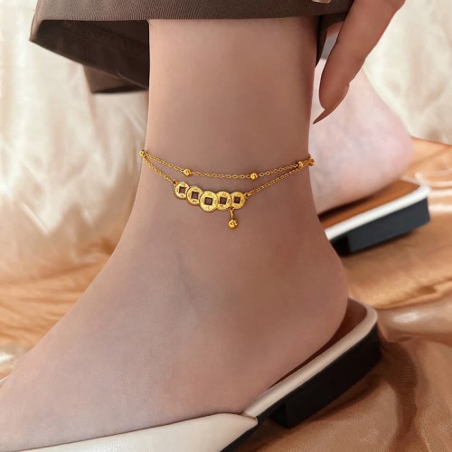 Copper Coins Wealth Titanium Steel Anklet