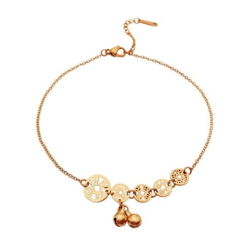 Copper Coins Bell Charm Titanium Steel Anklet