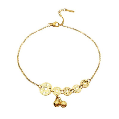 Copper Coins Bell Charm Titanium Steel Anklet