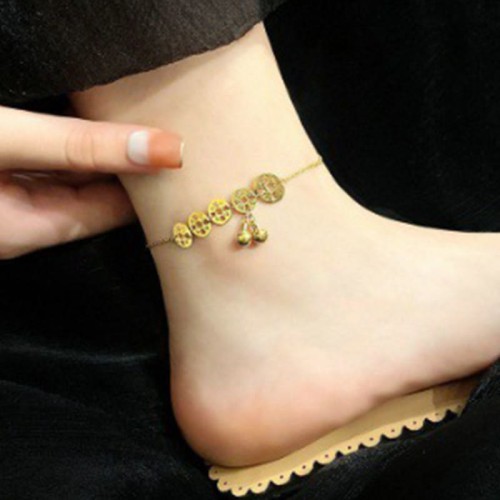 Copper Coins Bell Charm Titanium Steel Anklet