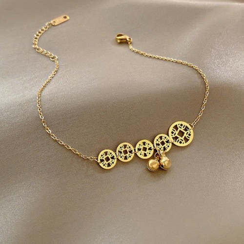 Copper Coins Bell Charm Titanium Steel Anklet