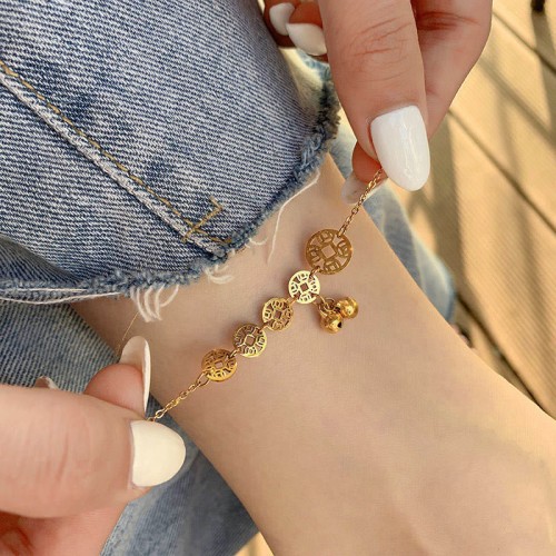 Copper Coins Bell Charm Titanium Steel Anklet