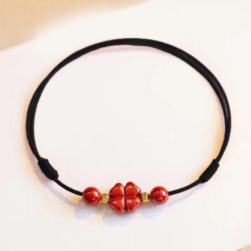 Cinnabar Four Leaf Clover Blessing Rope Anklet Cinnabar Four Leaf Clover Blessing Rope Anklet