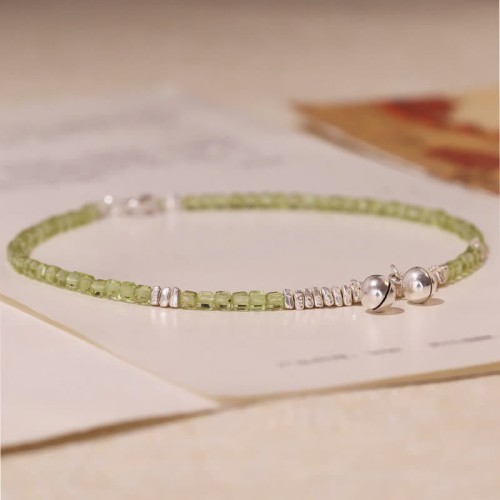 925 Sterling Silver Peridot Square Beads Peace Anklet
