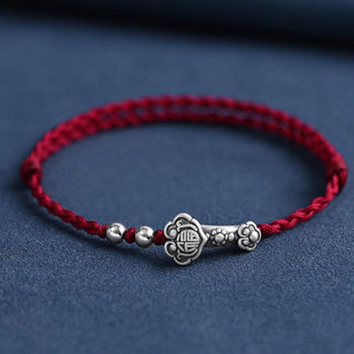 Handmade 999 Sterling Silver Fu Character Ruyi Handle Bracelet Anklet Handmade 999 Sterling Silver Fu Character Ruyi Handle Bracelet Anklet