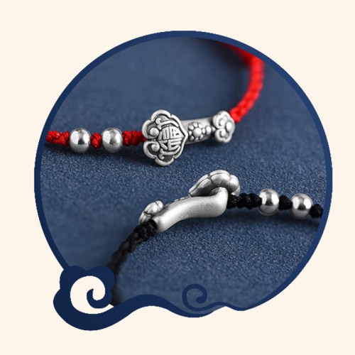 Handmade 999 Sterling Silver Fu Character Ruyi Handle Bracelet Anklet Handmade 999 Sterling Silver Fu Character Ruyi Handle Bracelet Anklet