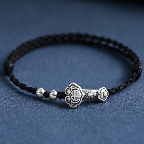 Handmade 999 Sterling Silver Fu Character Ruyi Handle Bracelet Anklet Handmade 999 Sterling Silver Fu Character Ruyi Handle Bracelet Anklet