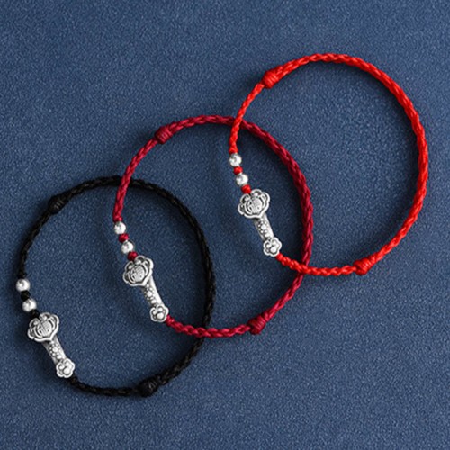 Handmade 999 Sterling Silver Fu Character Ruyi Handle Bracelet Anklet Handmade 999 Sterling Silver Fu Character Ruyi Handle Bracelet Anklet