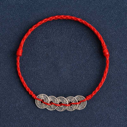 925 Sterling Silver Five Emperor Coins Red String Bracelet Anklet 925 Sterling Silver Five Emperor Coins Red String Bracelet Anklet