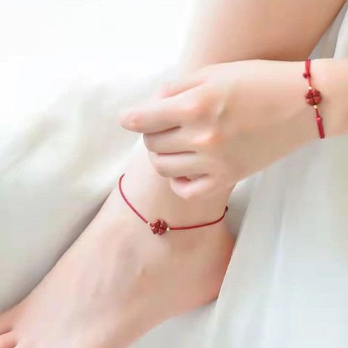 Natural Cinnabar Four Leaf Clover Blessing Bracelet Anklet Natural Cinnabar Four Leaf Clover Blessing Bracelet Anklet