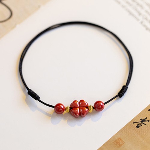 Four Leaf Clover Cinnabar Blessing Calm Bracelet Anklet Four Leaf Clover Cinnabar Blessing Calm Bracelet Anklet