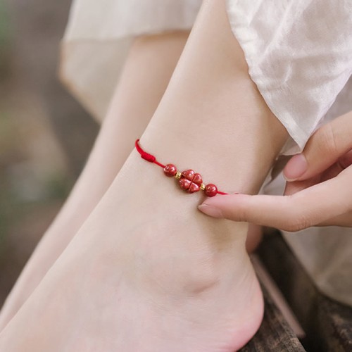 Four Leaf Clover Cinnabar Blessing Calm Bracelet Anklet Four Leaf Clover Cinnabar Blessing Calm Bracelet Anklet