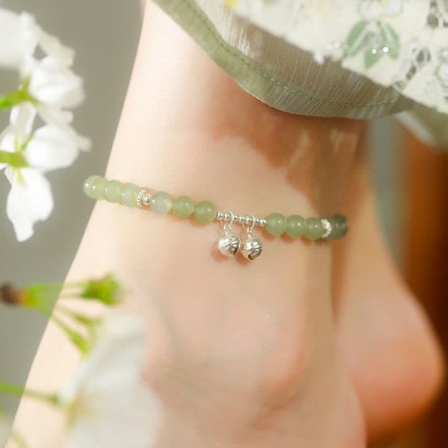 925 Sterling Silver Hetian Jade Prosperity Bell Anklet 925 Sterling Silver Hetian Jade Prosperity Bell Anklet