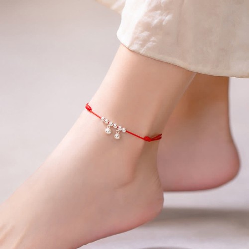 925 Sterling Silver Red String Braid Bell Charm Anklet 925 Sterling Silver Red String Braid Bell Charm Anklet