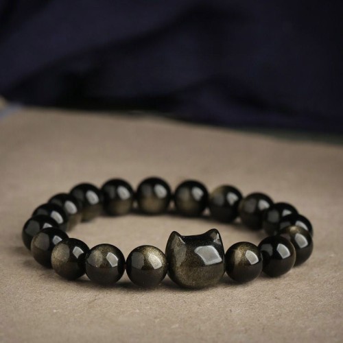 Gold & Silver Sheen Obsidian Lucky Cat Protection Bracelet Gold & Silver Sheen Obsidian Lucky Cat Protection Bracelet