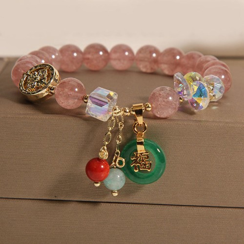 Strawberry Quartz Jade Fu Charm Healing Bracelet Strawberry Quartz Jade Fu Charm Healing Bracelet