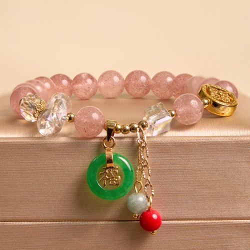 Strawberry Quartz Jade Fu Charm Healing Bracelet Strawberry Quartz Jade Fu Charm Healing Bracelet