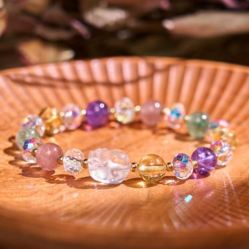 PiXiu White Crystal Citrine Strawberry Quartz Bracelet
