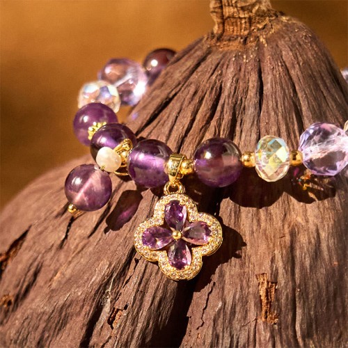 Amethyst Crystal Four Leaf Clover Healing Bracelet Amethyst Crystal Four Leaf Clover Healing Bracelet