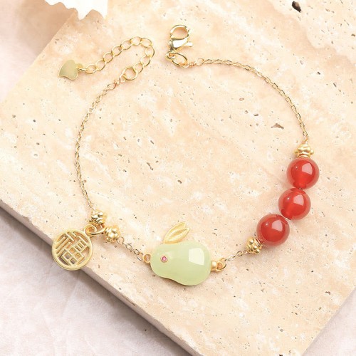 Red Agate Hetian Jade Rabbit Luck Bracelet