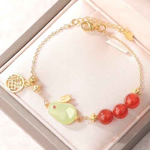 Red Agate Hetian Jade Rabbit Luck Bracelet