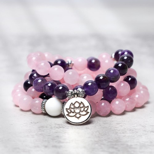 Rose Quartz & Amethyst Mala Bead Bracelet Rose Quartz & Amethyst Mala Bead Bracelet