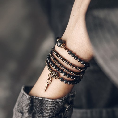 Rainbow Obsidian Ebony Wood Copper Multilayer Bracelet