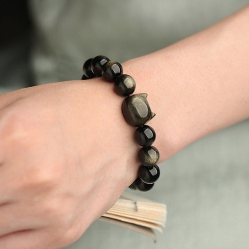 Gold & Silver Sheen Obsidian Lucky Cat Protection Bracelet Gold & Silver Sheen Obsidian Lucky Cat Protection Bracelet
