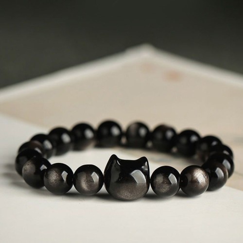 Gold & Silver Sheen Obsidian Lucky Cat Protection Bracelet Gold & Silver Sheen Obsidian Lucky Cat Protection Bracelet
