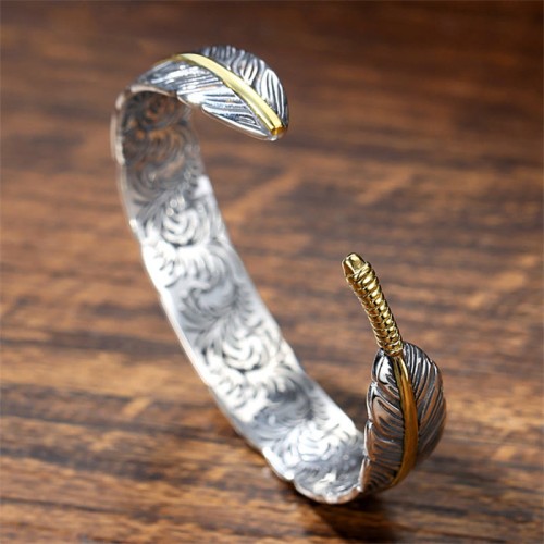Feather Carved Luck Wealth Cuff Bracelet Feather Carved Luck Wealth Cuff Bracelet