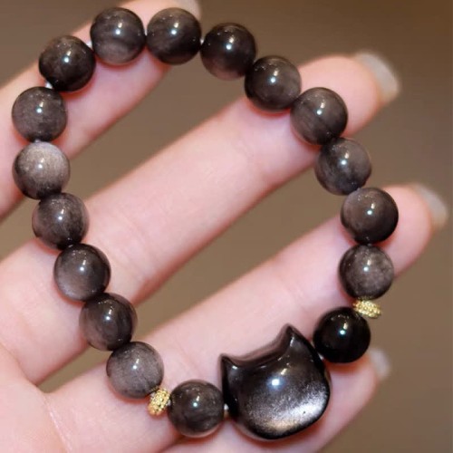 Gold & Silver Sheen Obsidian Lucky Cat Protection Bracelet Gold & Silver Sheen Obsidian Lucky Cat Protection Bracelet