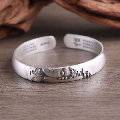 999 Sterling Silver Buddha Head Heart Sutra Serenity Bangle 999 Sterling Silver Buddha Head Heart Sutra Serenity Bangle