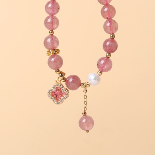 Strawberry Quartz Pearl Four Leaf Clover Bracelet