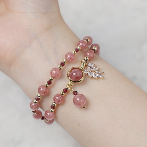 Strawberry Quartz Maple Leaf Charm Double Wrap Bracelet Strawberry Quartz Maple Leaf Charm Double Wrap Bracelet