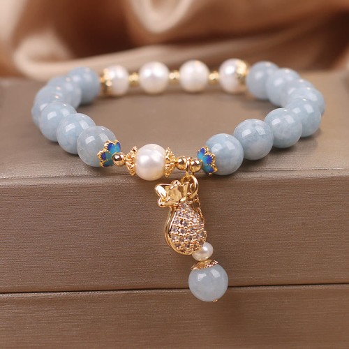 Aquamarine Pearl Money Bag Charm Bracelet Aquamarine Pearl Money Bag Charm Bracelet