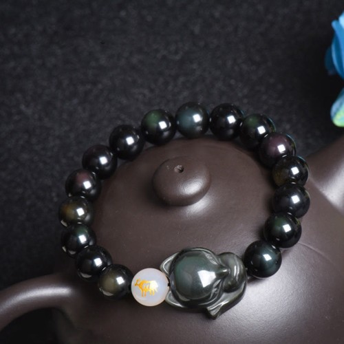 Rainbow Obsidian Fox Healing Bracelet (Gold & Silver Sheen) Rainbow Obsidian Fox Healing Bracelet (Gold & Silver Sheen)