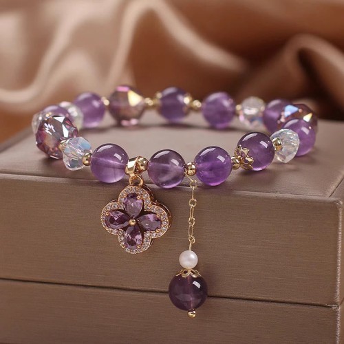 Amethyst Crystal Four Leaf Clover Healing Bracelet Amethyst Crystal Four Leaf Clover Healing Bracelet