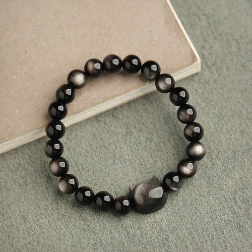 Gold & Silver Sheen Obsidian Lucky Cat Protection Bracelet Gold & Silver Sheen Obsidian Lucky Cat Protection Bracelet
