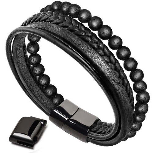 Lava Rock Black Onyx Leather Bracelet Lava Rock Black Onyx Leather Bracelet