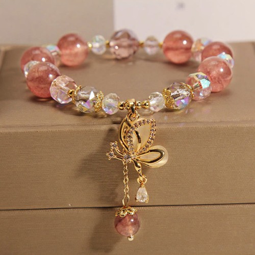 Strawberry Quartz Butterfly Charm Healing Bracelet Strawberry Quartz Butterfly Charm Healing Bracelet