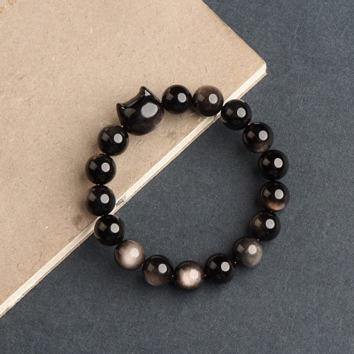 Gold & Silver Sheen Obsidian Lucky Cat Protection Bracelet Gold & Silver Sheen Obsidian Lucky Cat Protection Bracelet