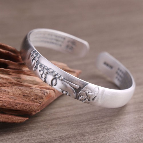 999 Sterling Silver Buddha Head Heart Sutra Serenity Bangle 999 Sterling Silver Buddha Head Heart Sutra Serenity Bangle