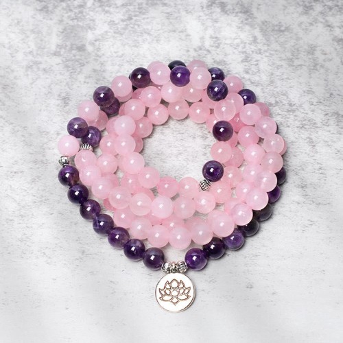 Rose Quartz & Amethyst Mala Bead Bracelet Rose Quartz & Amethyst Mala Bead Bracelet