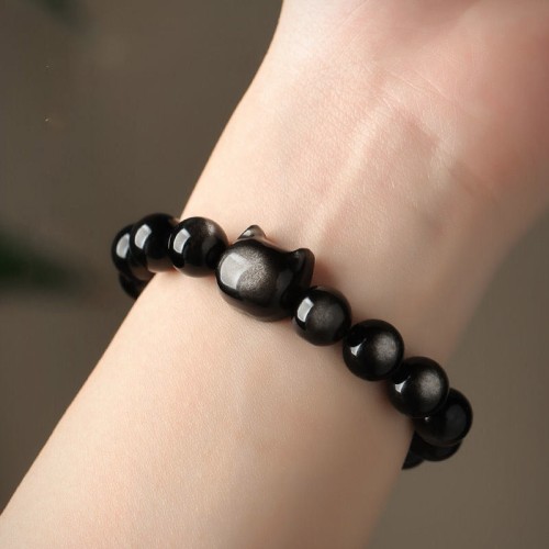Gold & Silver Sheen Obsidian Lucky Cat Protection Bracelet Gold & Silver Sheen Obsidian Lucky Cat Protection Bracelet