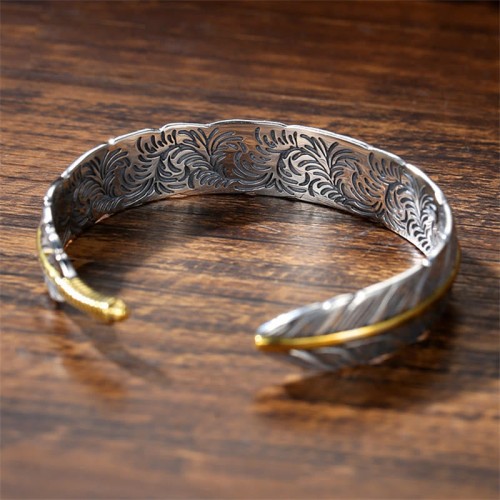 Feather Carved Luck Wealth Cuff Bracelet Feather Carved Luck Wealth Cuff Bracelet
