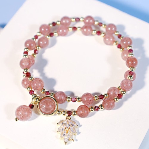 Strawberry Quartz Maple Leaf Charm Double Wrap Bracelet Strawberry Quartz Maple Leaf Charm Double Wrap Bracelet
