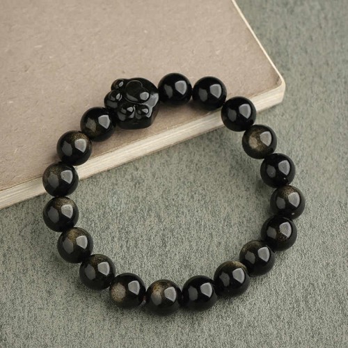 Gold & Silver Sheen Obsidian Lucky Cat Protection Bracelet Gold & Silver Sheen Obsidian Lucky Cat Protection Bracelet
