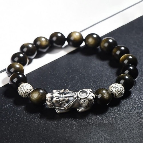 Sterling Silver Gold Sheen Obsidian PiXiu Bracelet